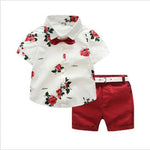 Brand New Floral Baby Boy Gentleman Outfits Suit Short Sleeve Toddler Bow Tie Shirt Tops+Red Shorts Summer Set Kids Clothes 1-7T