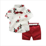 Brand New Floral Baby Boy Gentleman Outfits Suit Short Sleeve Toddler Bow Tie Shirt Tops+Red Shorts Summer Set Kids Clothes 1-7T